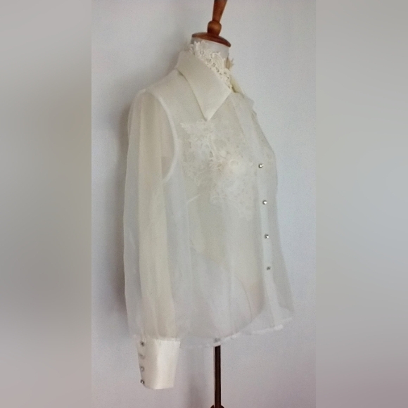 SHEER WHITE BLOUSE WITH RHINESTONE CUFFS - Picture 3 of 11
